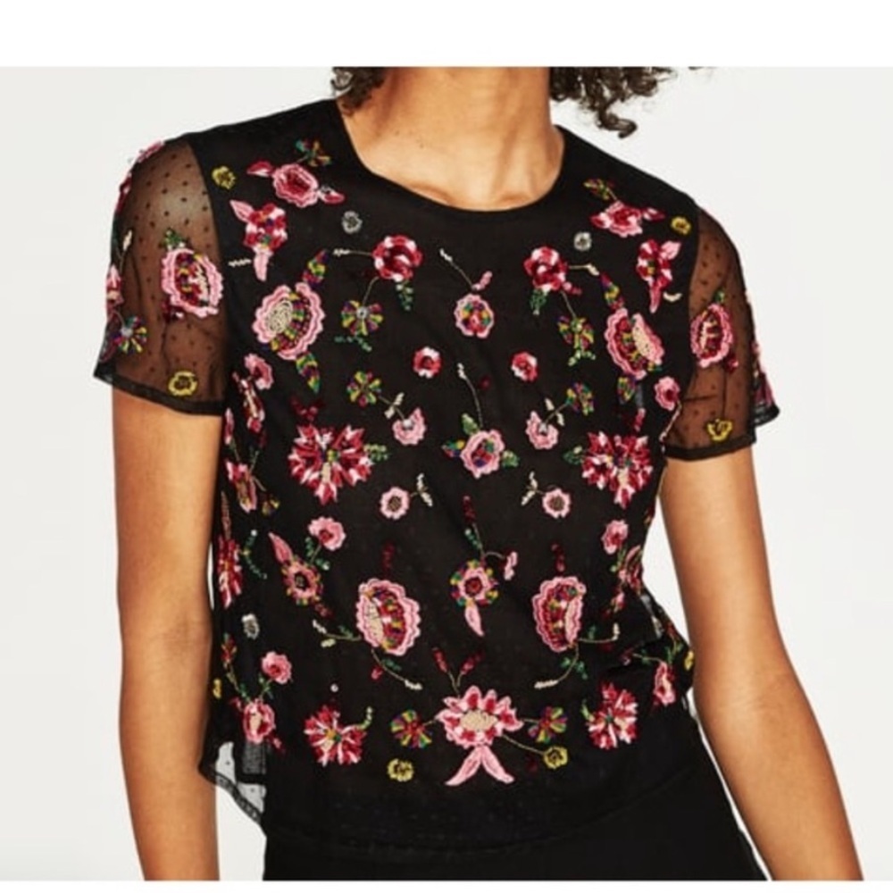 Zara Black Tulle Top Embroidery NWOT - Picture 2 of 5